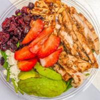 Spinach And Strawberry Salad · Balsamic grilled chicken, baby spinach, fresh strawberries, sliced avocado, cranberries, toa...