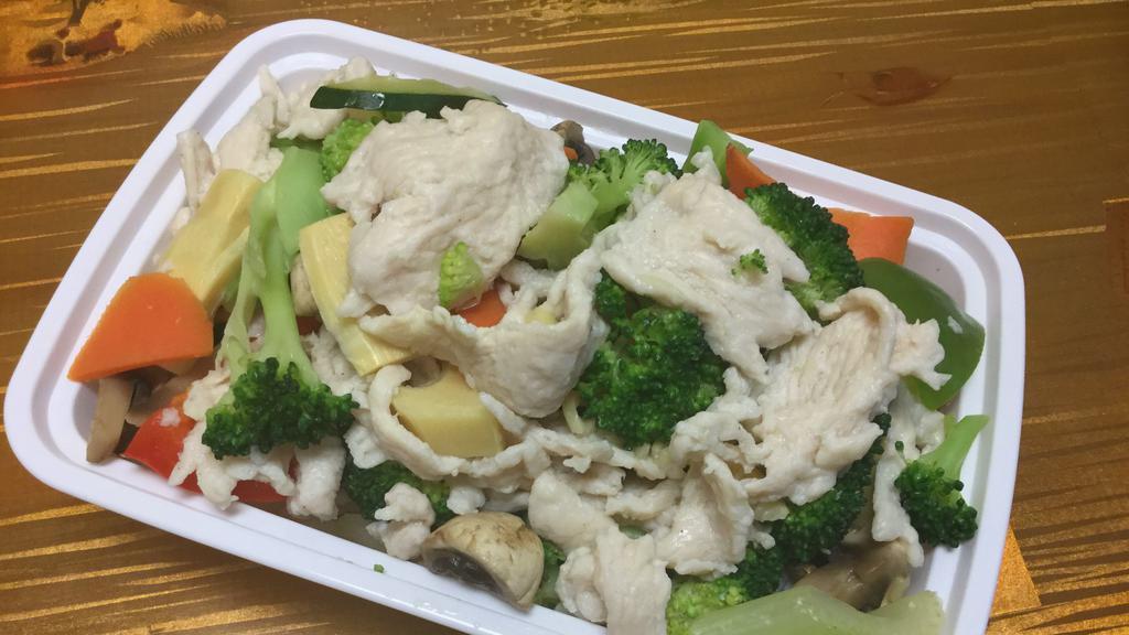 Chicken With Mixed Vegetables (Steamed) · Steamed with sauce on the side. Served with brown rice.
