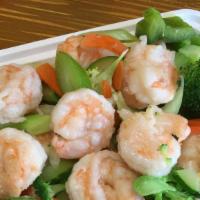 Shrimp With Mixed Vegetables (Steamed) · Steamed with sauce on the side. Served with brown rice.
