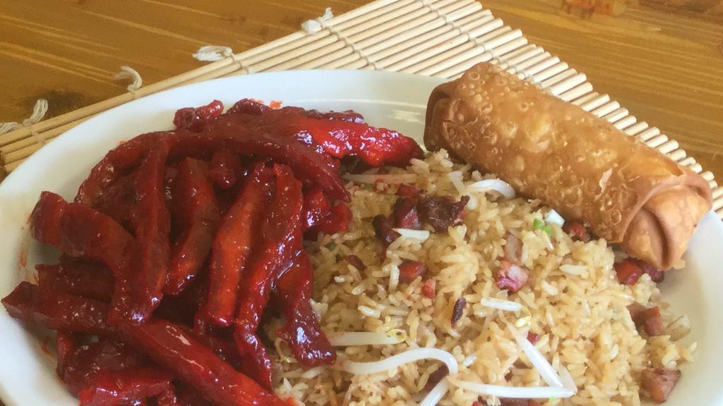 Boneless Spare Ribs Combo Plate · Served with pork fried rice and egg roll.