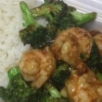 Shrimp With Broccoli · Served with jasmine rice.