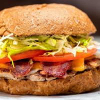 Turkey Bacon Cheeseburger · Fresh ground turkey patty, topped with turkey bacon, Cheddar, provolone, lettuce, and sweet ...