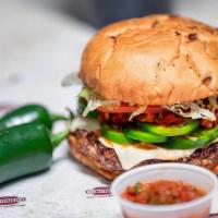 Six Alarm Burger · Salsa, jalapenos, chipotle sauce, pepper Jack cheese, lettuce, tomato, and chipotle mayonnai...