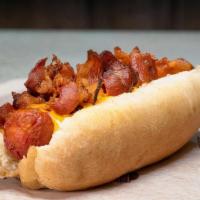 Bacon Cheese Dog · Wrapped in bacon and topped with melted Cheddar cheese.