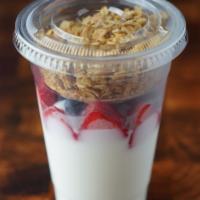Organic Yogurt & Granola · Low-fat Greek yogurt mixed with fresh strawberries, blueberries, and granola
