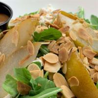 Pear Salad · Baby arugula, pears, almonds, goat cheese.