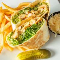 Chicken Caesar Wrap · Grilled chicken strips tossed with romaine lettuce, caesar dressing and grated Parmesan chee...