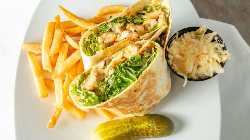 Chicken Caesar Wrap · Grilled chicken strips tossed with romaine lettuce, caesar dressing and grated Parmesan cheese.