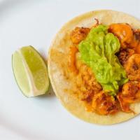 Tacos - Camaron (Shrimp) · Corn tortilla with spicy shrimp topped with red salsa and guacamole.
