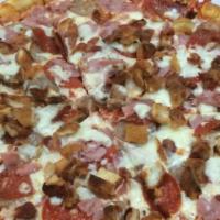 Meat Lovers Pizza · Pepperoni, sausage, ham, meatballs, sauce, and cheese.