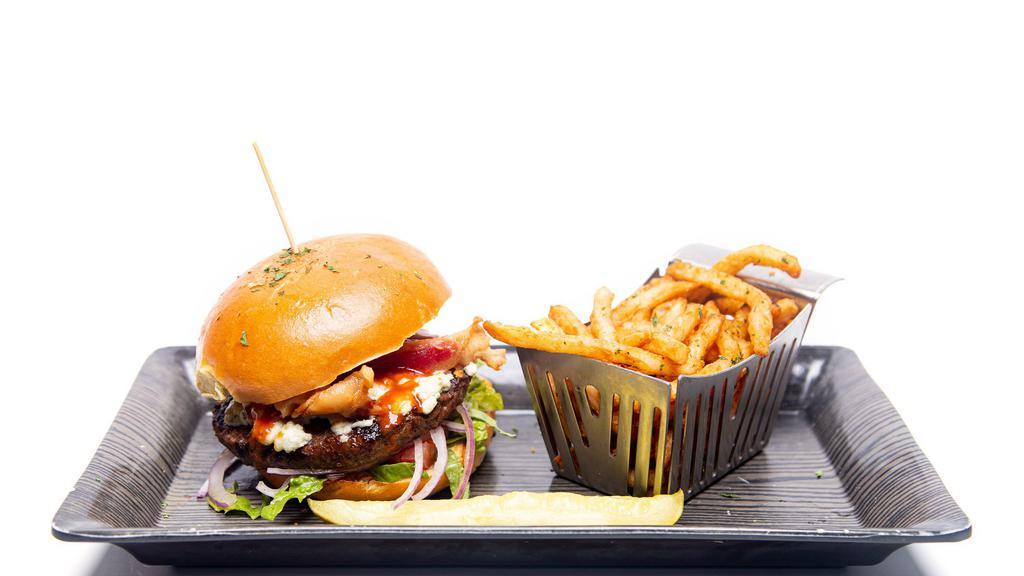 Bleu Burger · Choice of our signature blend burgers topped with crumbled bleu cheese, fresh bacon and house hot sauce.