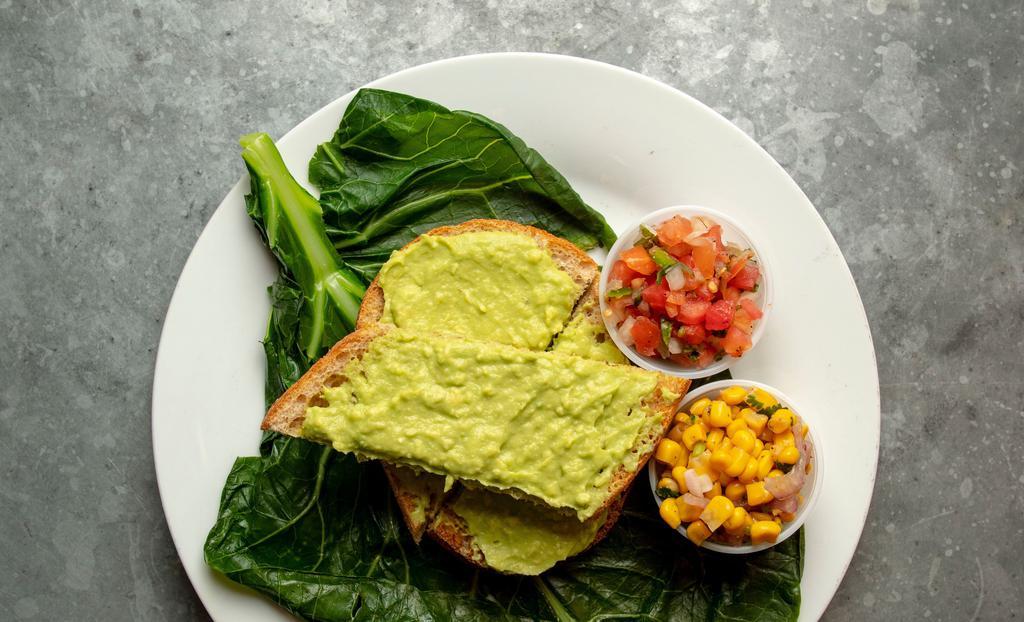 Avocado Toast · Fresh avocado spread on a toasted whole wheat flat bread and choice of add-ons.