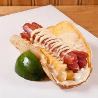 Dog & Fries · american classic in a taco, topped with spicy mayo and melted cheese