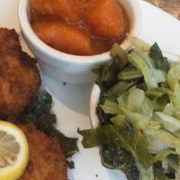 Pan Seared Salmon Cakes · Served with (2) sides and cornbread