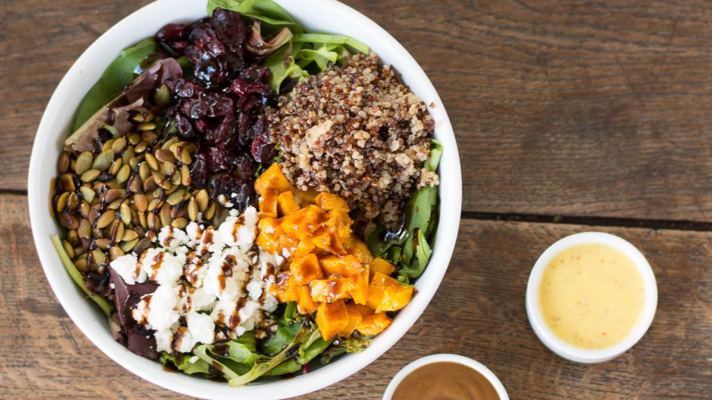 Insalata Integrale · Roasted butternut squash, quinoa, goat cheese, toasted pumpkin seeds and cranberries on bed of mesclun greens, drizzled with aged balsamic vinegar and extra virgin olive oil.