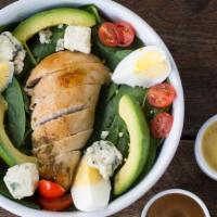 Cobb Salad With Rotisserie Chicken · Organic egg, avocado, blue cheese, tomato, baby spinach, balsamic vinaigrette.