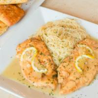 Chicken Francaise · Comes with lemon, butter and white wine.