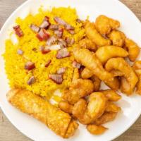 Sweet And Sour Chicken Combo Plate · With pork fried rice and egg roll.