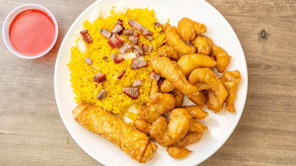 Sweet & Sour Chicken · Served with egg roll and fried rice
