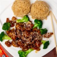 Sesame Chicken · With white rice. Hot and spicy.
