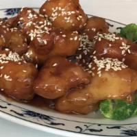 Sesame Chicken · Spicy. Served with rice. Served with chunks of white meat chicken with broccoli in house bro...