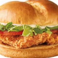 Classic Crispy Chicken Sandwich · Lightly seasoned and breaded 100% all white meat chicken breast topped with fresh lettuce, r...