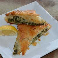 Spinach Pie · Spinach, feta, and leeks baked w/ flaky filo.