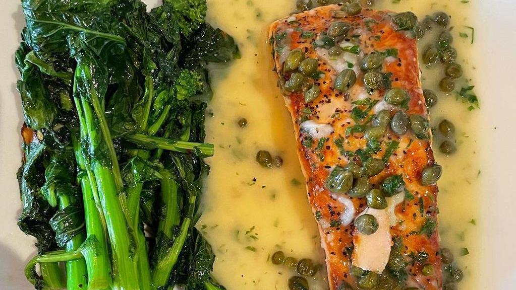 Salmon Ambrosiana · Norwegian salmon filet sautéed with capers in a lemon, butter, and white wine sauce.