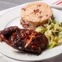 Jerk Chicken Dinner · Most popular. Served with chef salad, steamed vegetable, rice or rice, and peas.