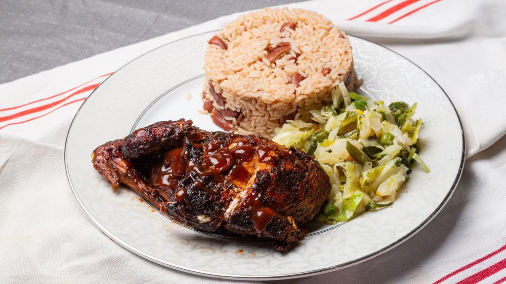 Jerk Chicken Dinner · Most popular. Served with chef salad, steamed vegetable, rice or rice, and peas.