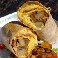 Laurel Burrito · A white or whole wheat wrap stuffed with scrambled eggs, bacon, homefries & pepper jack chee...