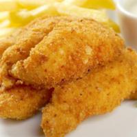 Chicken Tenders · 4 pieces of chicken tenders served with hand cut fries and honey mustard.