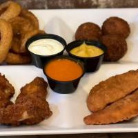 Mix Appetizer Plate · 4 King Buffalo Wings, 2 Chicken Tenders, 4 Fried Mac & Cheese Balls, Onion Rings served with...