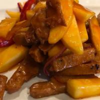 Mango Soy Protein · Spicy. Fresh strips of mango vegetarian chicken sauteed onions and red bell peppers sauteed ...