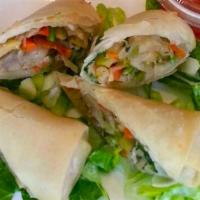 2 Vegetarian Spring Rolls · Two pieces. Favorite. Vegan rolls filled with cabbage, carrots and celery.