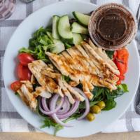 Grilled Chicken Salad · Garden salad topped with grilled chicken breast.