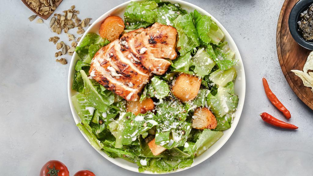 Grilled Cluck Dictator Salad · Romaine lettuce, grilled chicken, house croutons, and parmesan cheese tossed with caesar dressing.