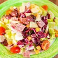 Chopped Salad · Iceberg lettuce, diced salami, provolone, chickpeas, tomatoes, radicchio, olives, creamy ita...