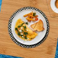 Greek Omellete · Three Eggs, Spinach, Tomato, Onion, & Feta Cheese.