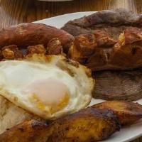 Bandeja Paisa · Beans, ground meat or roast beef. chicharrón, chorizo, egg, ripe plantain, rice and avocado.