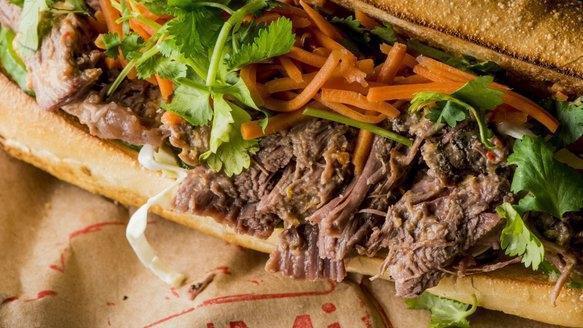 Bonmi Red Eye Sandwich · Asian BBQ 18 Hour Beef, Cucumbers, Pickled Onion & Carrot, Spicy Mayo & Cilantro on a Crisp Baguette. Spicy.