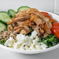 Rj Rotisserie Greek Salad · Pulled chicken, Kale, Cherry Tomato, Cucumber, Feta, Sunflower Seeds & Ranch Dressing
