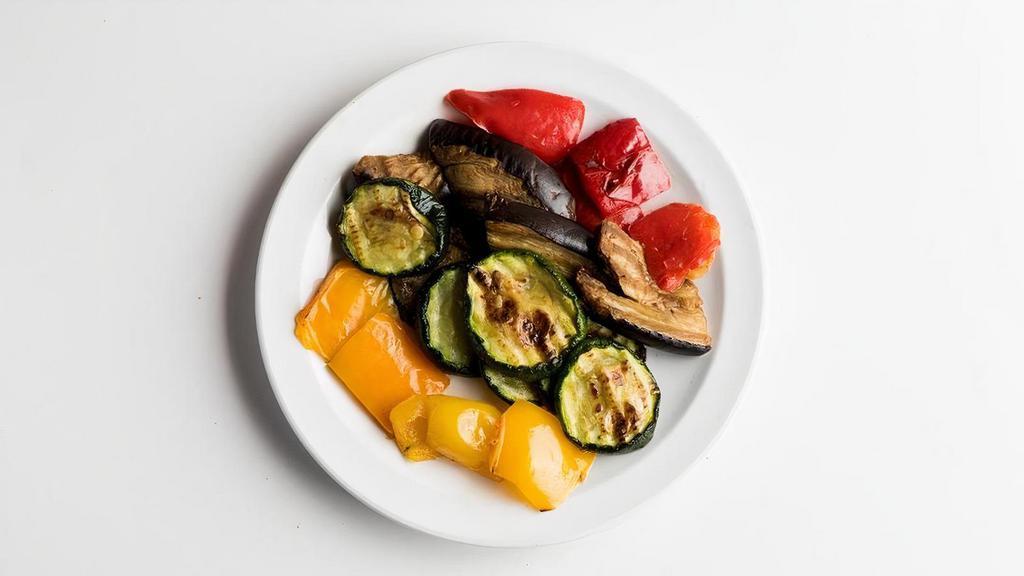Rj Side Fire-Roasted Veggies · Grilled eggplant, sweet peppers & squash. Served chilled. Gluten-Free  & Vegan.