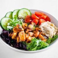 V23 Sweet Potato Herb Salad · Harvest Blend Mixed Greens, Cucumber, Cherry Tomatoes, Roasted Sweet Potatoes, Chimichurri, ...