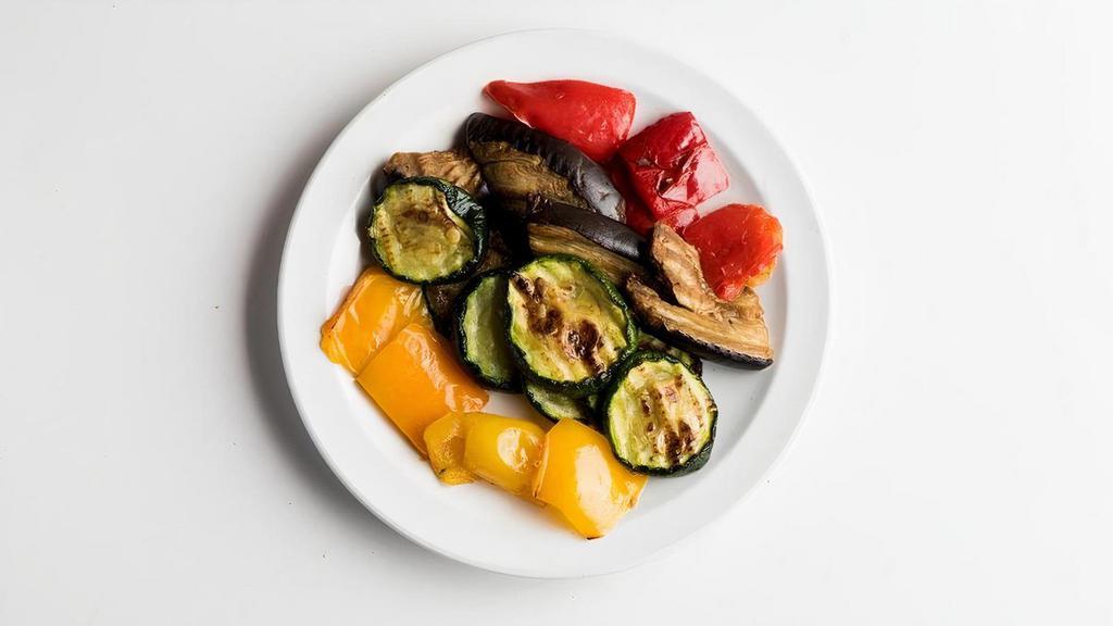 V23 Side Fire-Roasted Veggies · Grilled eggplant, sweet peppers & squash. Served chilled. Gluten-Free  & Vegan.