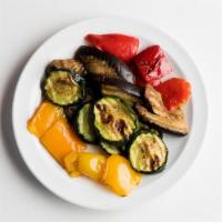 Vindy Side Fire-Roasted Veggies · Grilled eggplant, sweet peppers & squash. Served chilled. Gluten-Free  & Vegan.