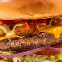 Caprese Burger · 1/2 pound burger with Pesto, mozzarella and tomato, basil. Gluten-Free with a side of roaste...