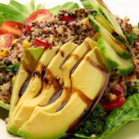 Quinoa Bowl Salad · Organic quinoa, roasted eggplant, cherry tomatoes, arugula, chickpeas, olives, lemon vinaigr...