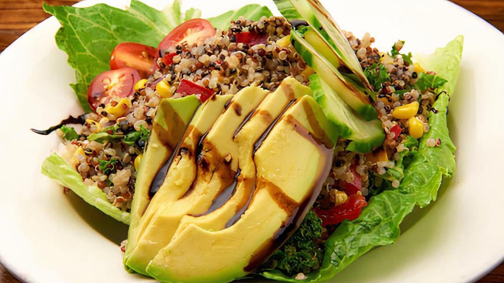Quinoa Bowl Salad · Organic quinoa, roasted eggplant, cherry tomatoes, arugula, chickpeas, olives, lemon vinaigrette.