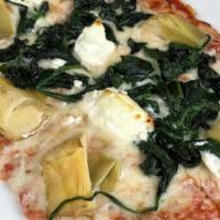 Spinach Artichoke Pizza · Tomato sauce, goat cheese, and mozzarella.